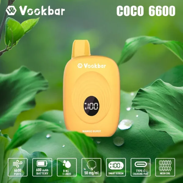 Vookbar Coco 6600 Puffs Digital Smart Screen 3% Перезаряжаемая одноразовая ручка для электронных сигарет с низким содержанием никотина Купить оптом - CharmVape - 2