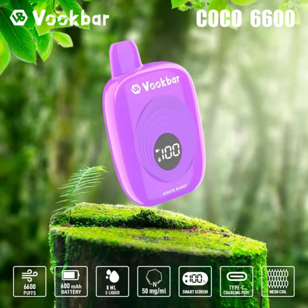 Vookbar Coco 6600 Puffs Digital Smart Screen 3% Перезаряжаемая одноразовая ручка для электронных сигарет с низким содержанием никотина Купить оптом - CharmVape - 6