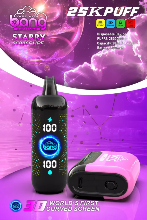 Bang Starry 25000 Puffs Schermo curvo 3D 0% 2% 3% 5% Penna per vaporizzatori usa e getta ricaricabile a basso contenuto di nicotina all'ingrosso Acquista all'ingrosso - CharmVape - 7